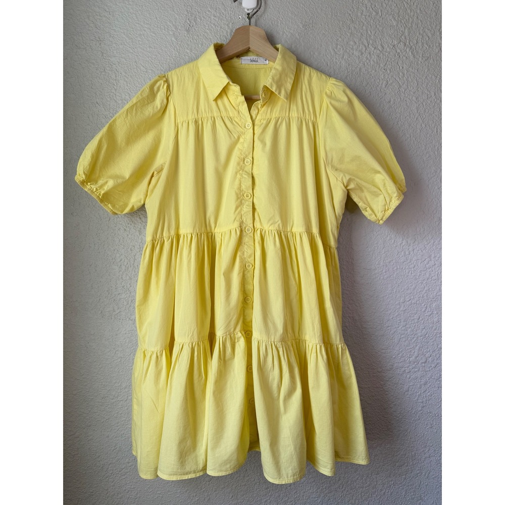 Talulah Yellow Tiered Cotton Babydoll Mini Dress Short Puff Sleeve Womens Medium